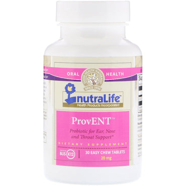 NutraLife, ProvENT com Blis K12, 20 mg, 30 comprimidos de mastigação fácil