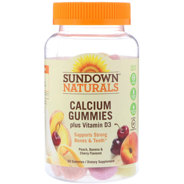 Sundown Naturals, calciumgummies, plus vitamine D3, perzik-, banaan- en kersensmaak, 50 gummies