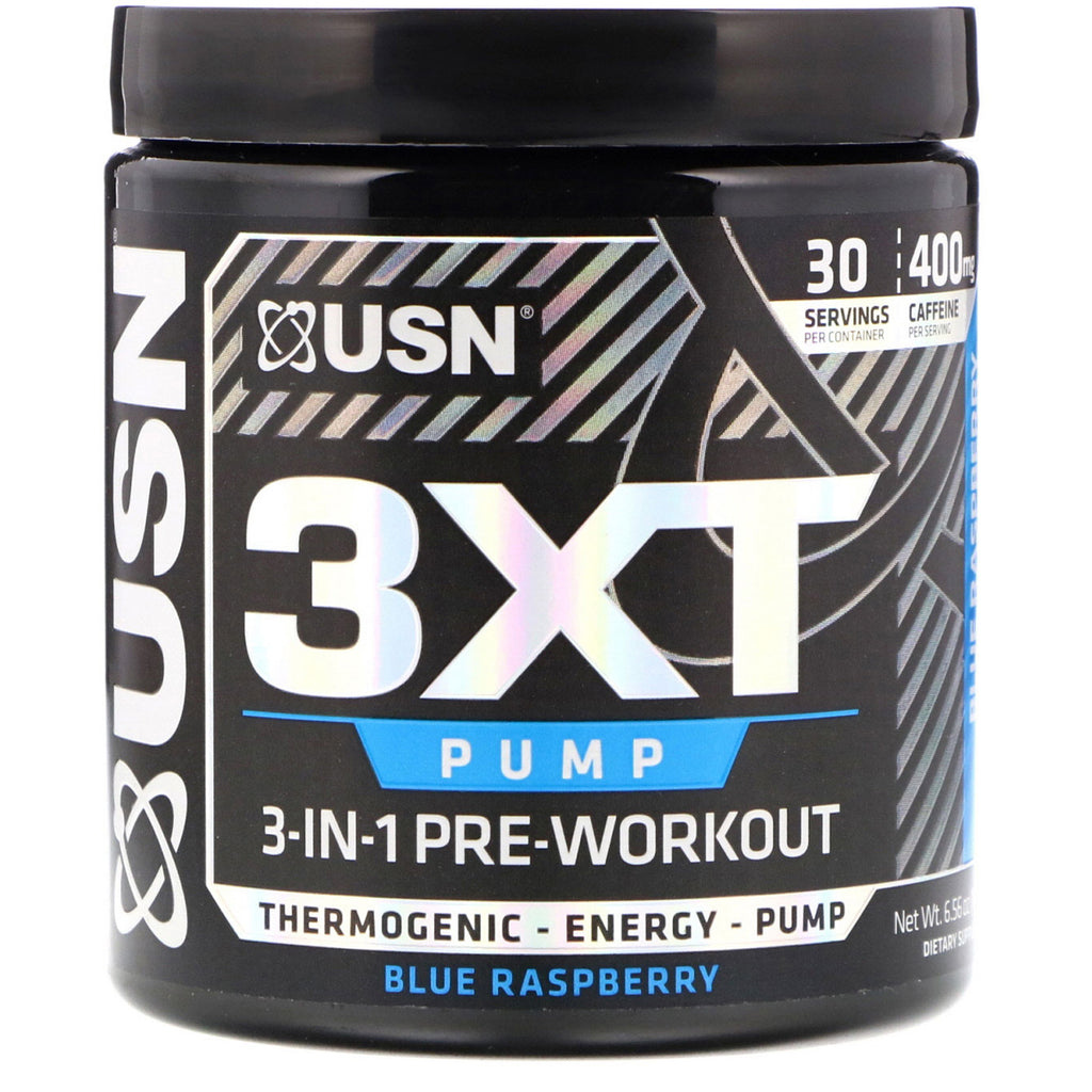 USN, 3XT- Pump, 3-I-1 Pre-Workout, Blue Raspberry, 6,56 oz (186 g)