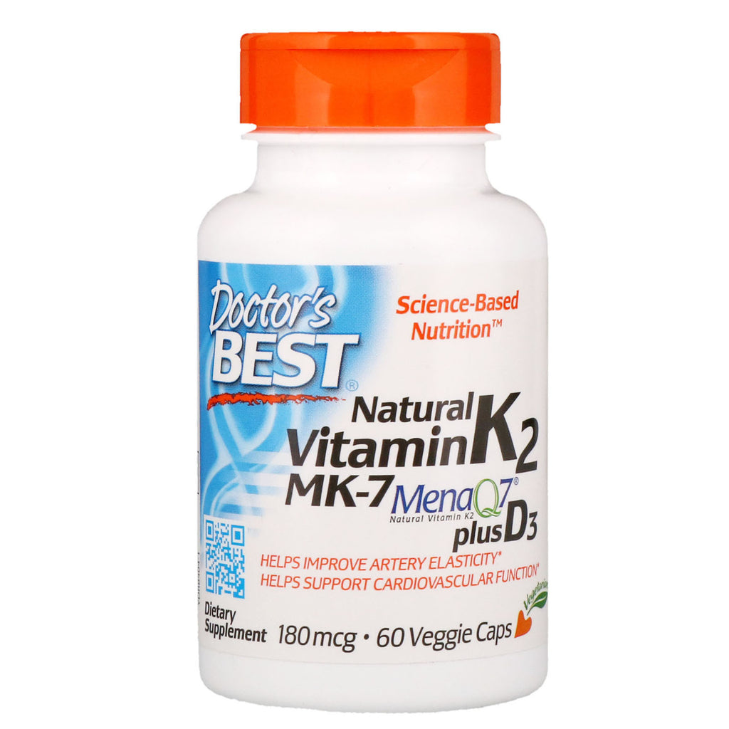 Doctor's Best, Vitamina K2 Plus D3 Natural com MK-7, 180 mcg, 60 Cápsulas Vegetais