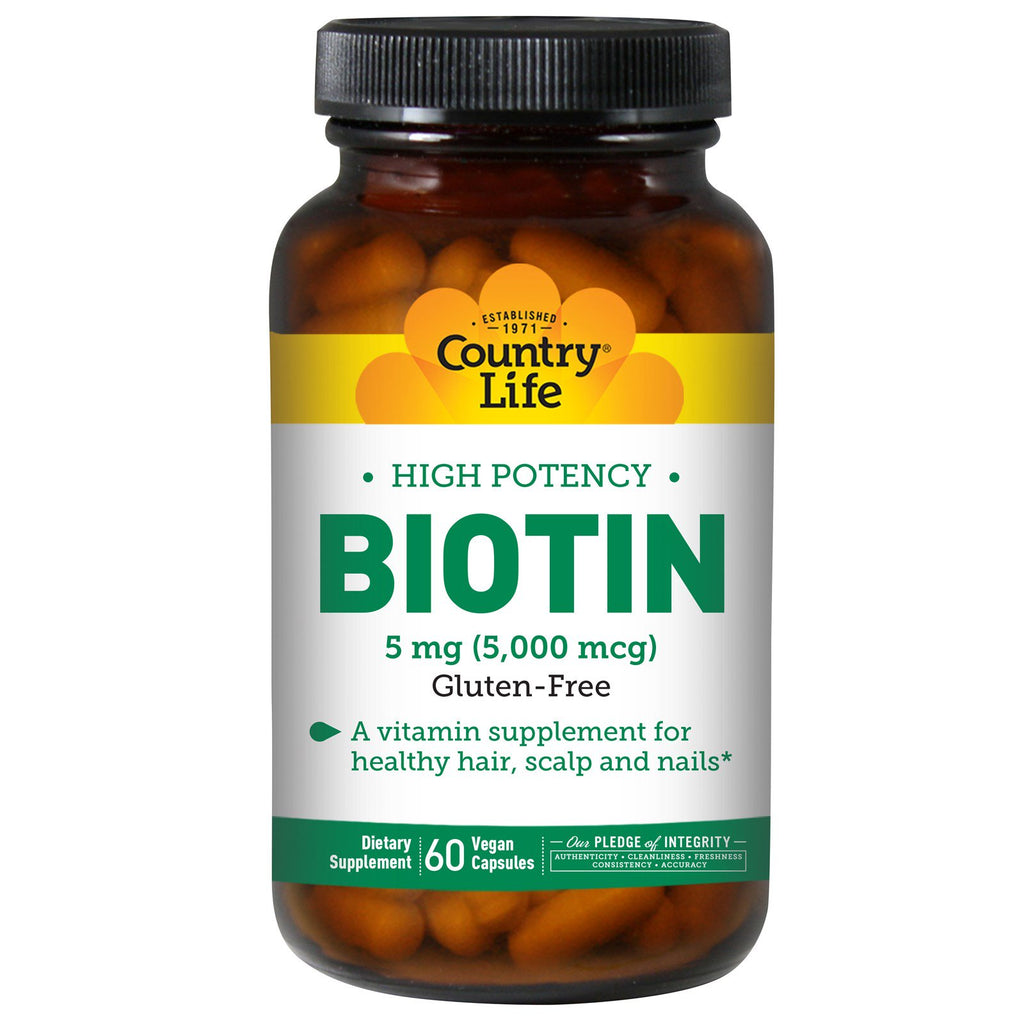 Country Life, Biotina, Alta Potência, 5 mg, 60 Cápsulas Veganas