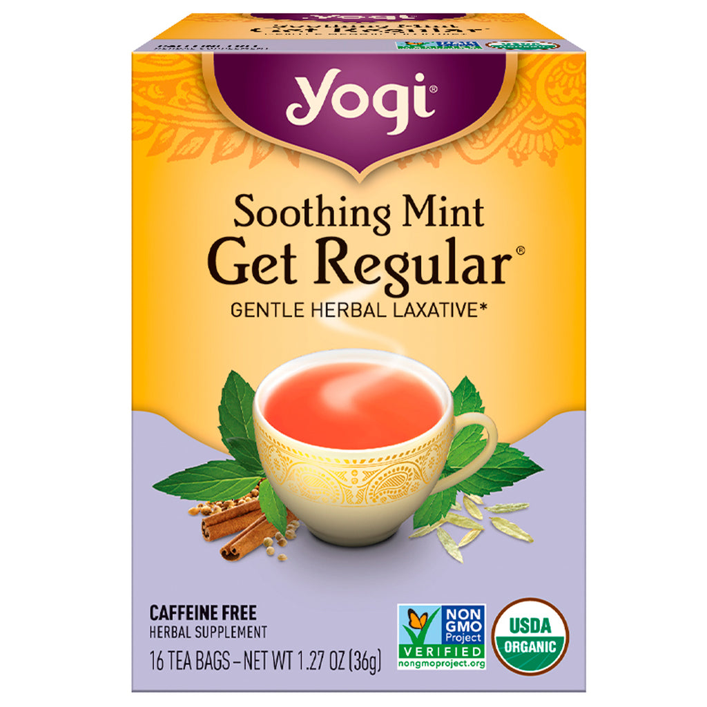 Herbata Yogi, Get Regular, Kojąca Mięta, Bez Kofeiny, 16 torebek z herbatą, 1,27 oz (36 g)