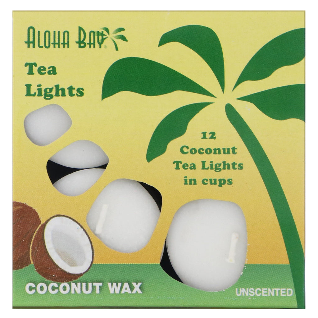 Aloha Bay, Coconut Wax Candles, Tea Lights, Unscented, White, 12 Pack