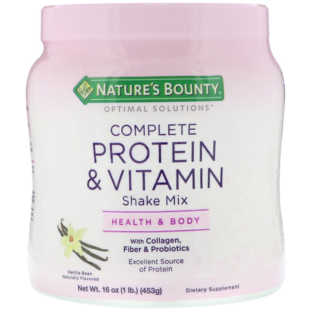 Nature's Bounty, Optimal Solutions, 완전 단백질 및 비타민 쉐이크 믹스, 바닐라 빈, 453g(16oz)