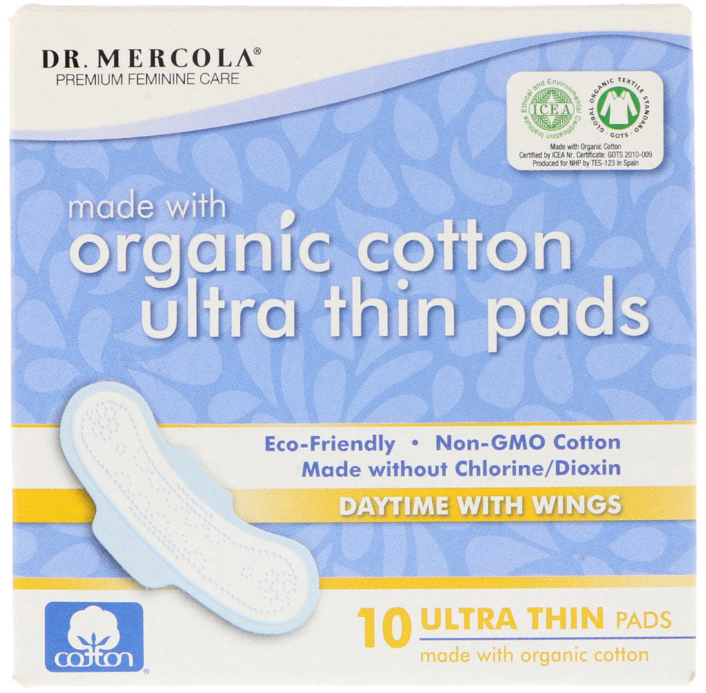Dr. Mercola, Toallas sanitarias ultrafinas de algodón, de día con alas, 10 toallas sanitarias
