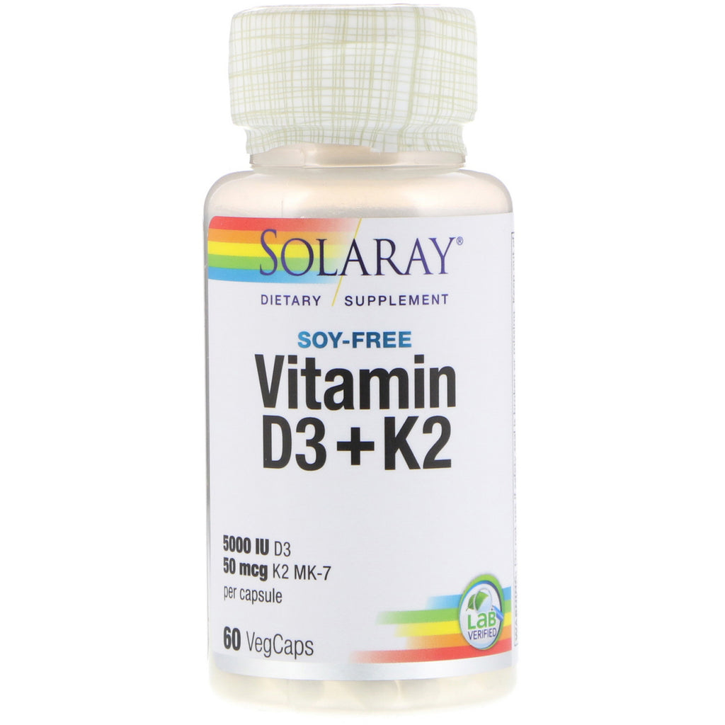 Solaray, vitamine d3 + k2, sojavrij, 60 vegcaps