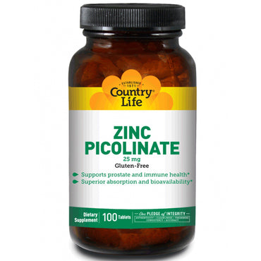 Country Life, zinkpicolinat, 25 mg, 100 tabletter