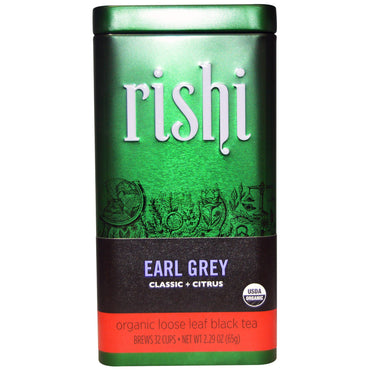 Herbata Rishi, czarna herbata liściasta, Earl Grey, klasyczna + cytrusowa, 2,29 uncji (65 g)