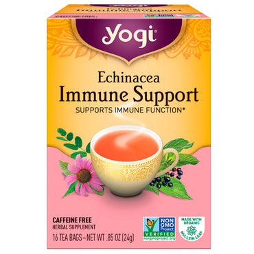 תה יוגי, תמיכה חיסונית באכינצאה, ללא קפאין, 16 שקיקי תה, 24 גרם.