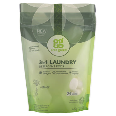 GrabGreen, 3 in 1 Laundry Detergent Pods, Vetiver, 24 Loads, 15.2 oz (432 g)