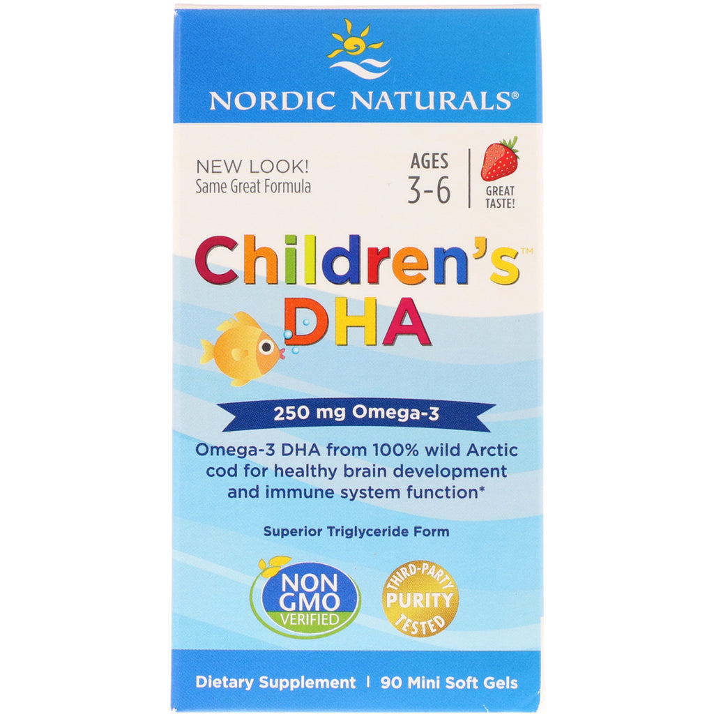 Nordic Naturals, DHA for barn, Jordbær, 250 mg, 90 Mini Soft Gels