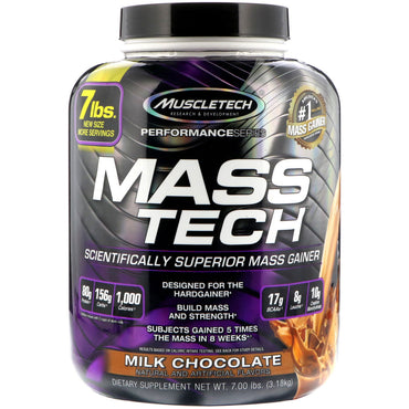 Muscletech, Mass-Tech, 과학적으로 뛰어난 근육량 증가제, 밀크 초콜릿, 3.18kg(7.00lb)