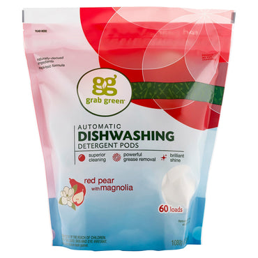 GrabGreen, Detergente en cápsulas para lavavajillas automático, pera roja con magnolia, 60 cargas, 1080 g (2 lbs 4 oz)
