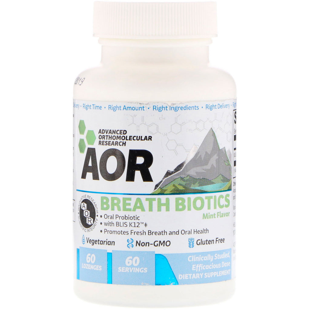 Advanced Orthomolecular Research AOR, Breath Biotics, sabor a menta, 60 pastillas