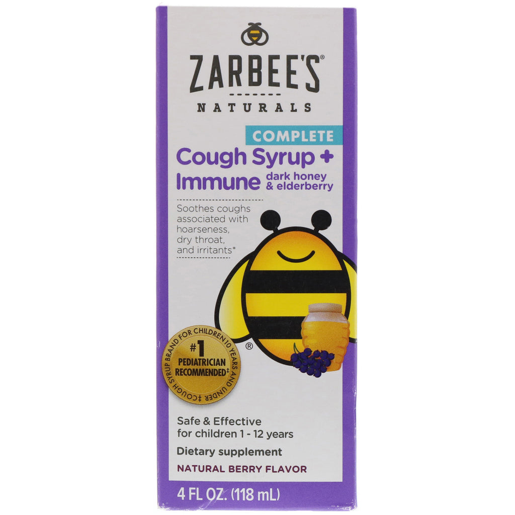Zarbee's Jarabe para la tos completo para niños + inmunidad con sabor a bayas naturales de miel oscura y saúco 4 fl oz (118 ml)