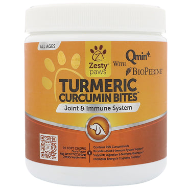 Zesty Paws, Turmeric, Curcumin Bites For Dogs, Joint & Immune Support, Duck Flavor, 90 Soft Chews