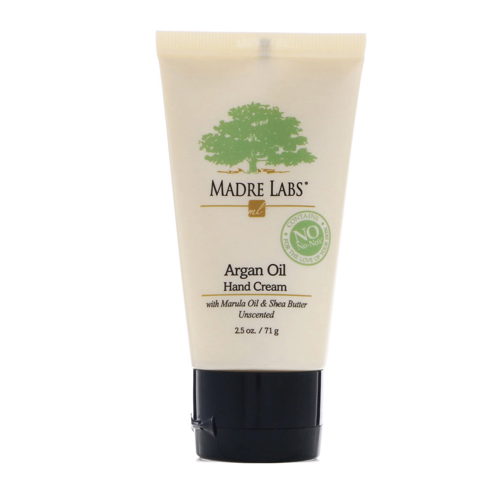 Madre Labs, Argan Oil Hand Cream med Marula & Kokosnötsoljor plus Sheasmör, Lugnande och Oparfymerat, 2,5 oz (71 g)