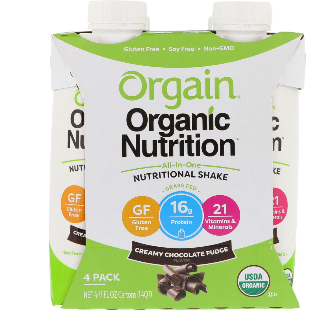 Orgain, Nutrition、オールインワン栄養シェイク、クリーミーチョコレートファッジ、4パック、各11液量オンス
