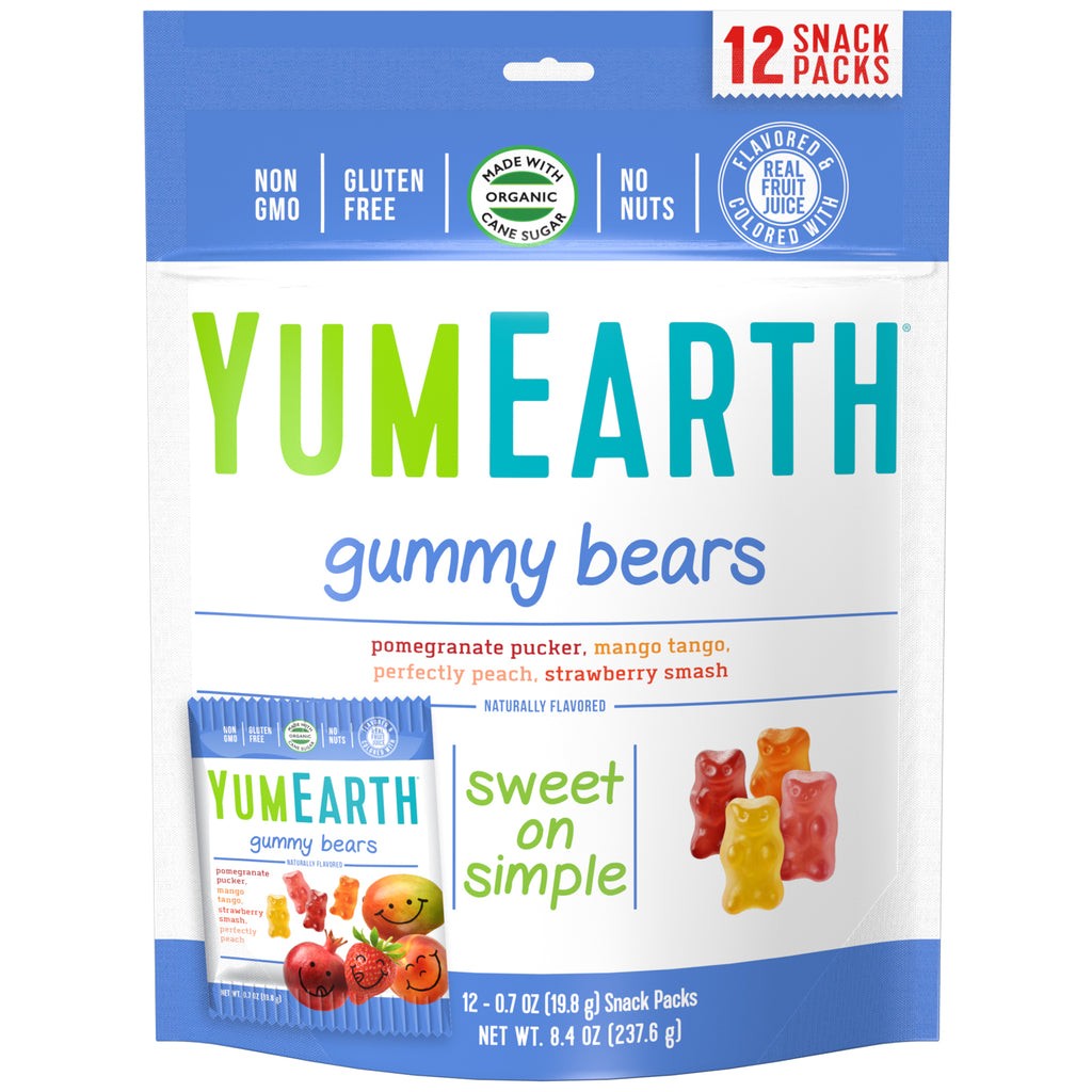 YumEarth, דובי גומי, טעמים מגוונים, 12 חבילות חטיפים, 0.7 אונקיות (19.8 גרם) כל אחת