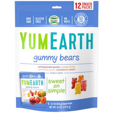 YumEarth, Gummy Bears, Assorted Flavors, 12 Snack Packs, 0,7 oz (19,8 g) hver