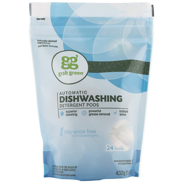 GrabGreen, Detergente en cápsulas para lavavajillas automático, sin fragancia, 24 cargas, 15,2 oz (432 g)