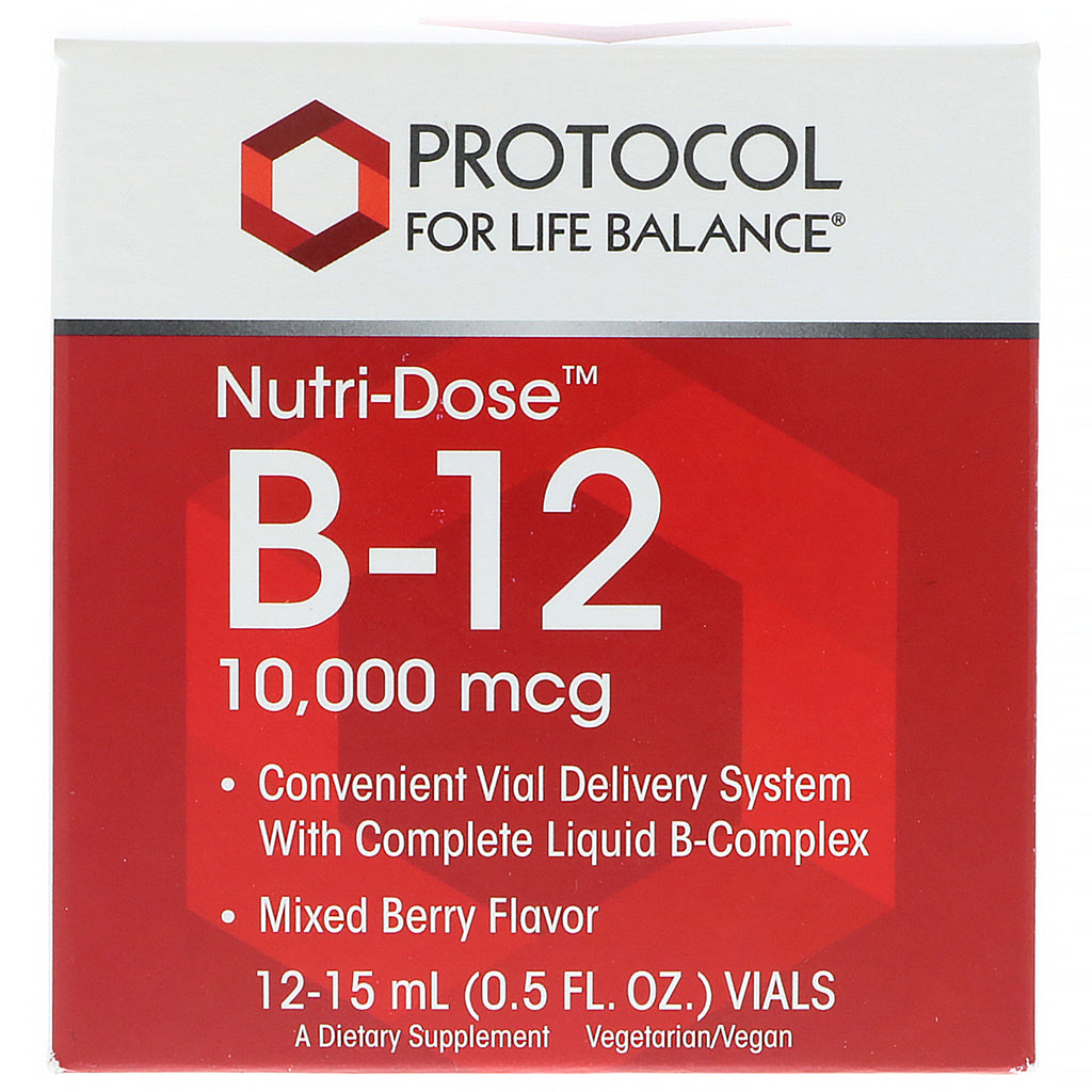 Protokoll for livsbalanse, Nutri-dose B-12, blandet bærsmak, 10 000 mcg, 12 hetteglass, 0,5 fl oz (15 ml) hver