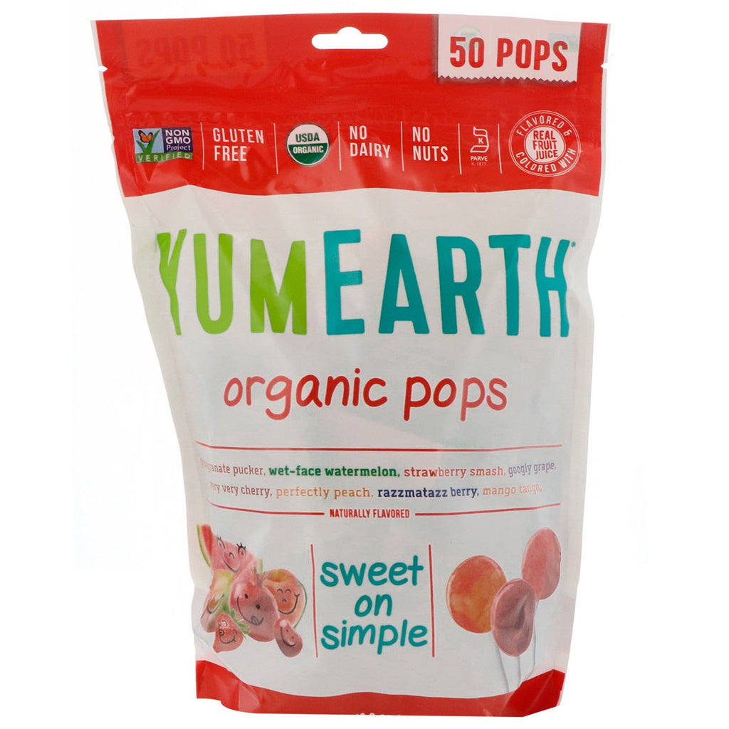 YumEarth, Pops, מגוון טעמים, 50 Pops, 12.3 אונקיות (348.7 גרם)