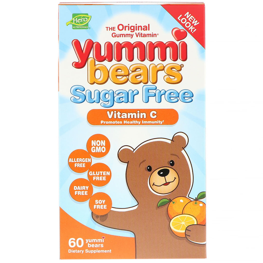 Hero ernæringsprodukter, yummi-bjørne, c-vitamin, sukkerfri, alle naturlige frugtsmag, 60 gummibjørne