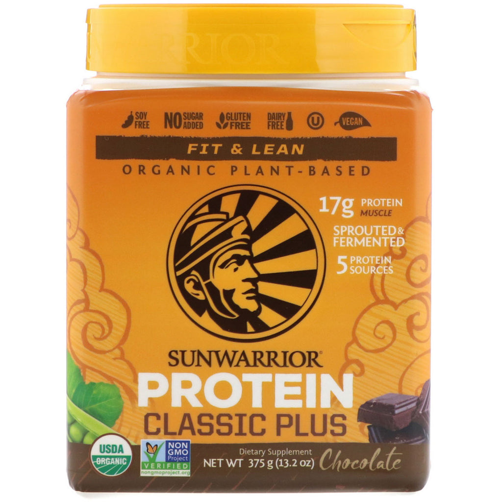 Sunwarrior, Classic Plus Protein, plantebaseret, chokolade, 13,2 oz (375 g)