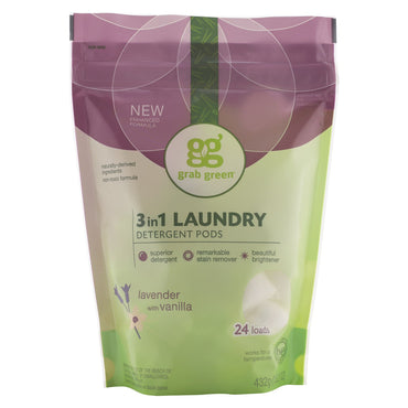 GrabGreen, 3 in 1 洗濯洗剤ポッド、ラベンダー、24 回分、15.2 オンス (432 g)