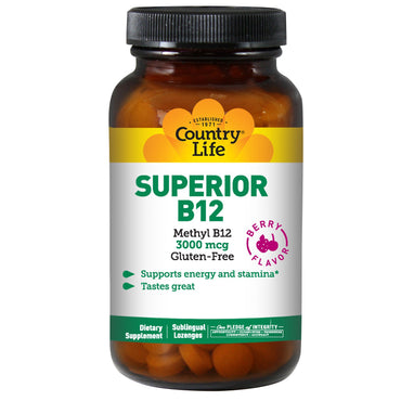 Country Life, Superior B12, bærsmag, 3000 mcg, 50 sublinguale sugetabletter