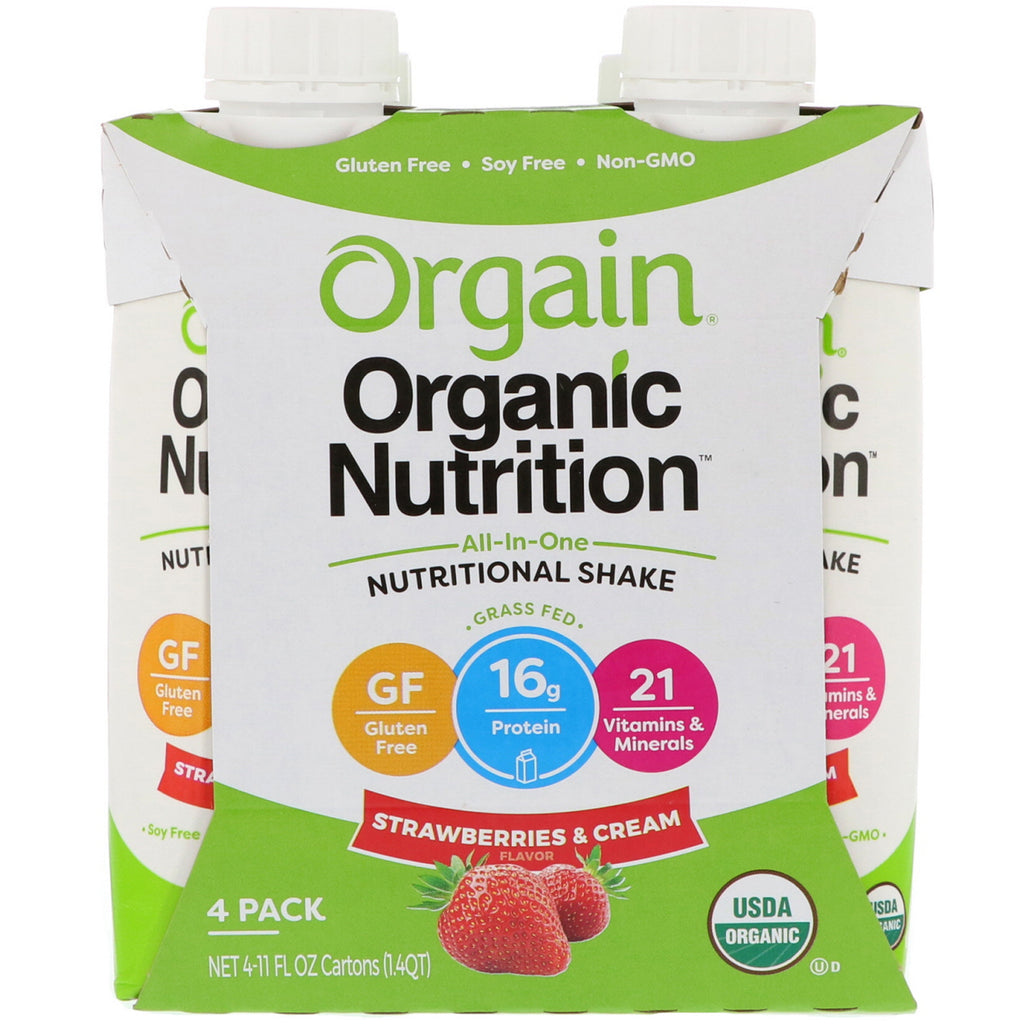 Orgain, Nutrition, batido nutricional todo en uno, fresas y crema, paquete de 4 (11 fl oz) cada uno