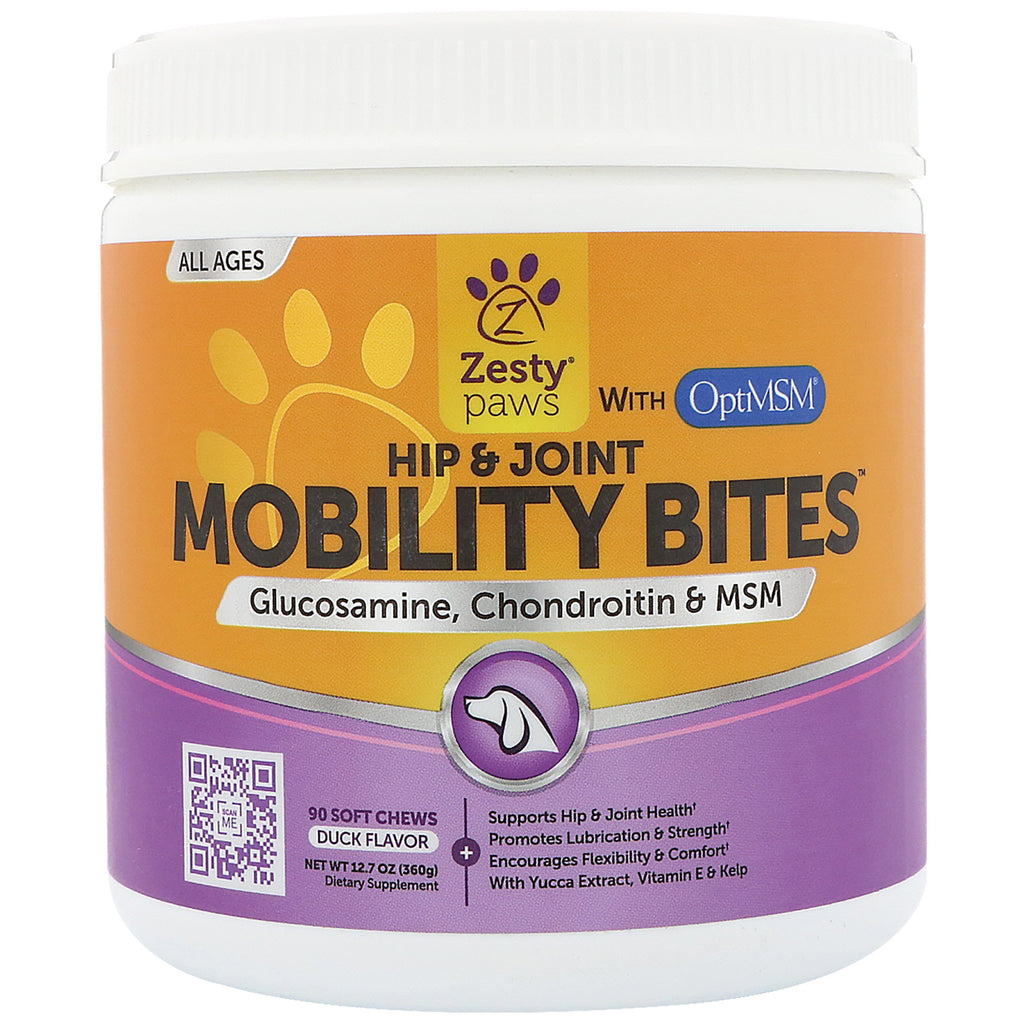 Zesty Paws, bouchées de mobilité pour chiens, soutien des hanches et des articulations, saveur de canard, 90 mastications douces