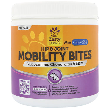 Zesty Paws, Mordeduras de movilidad para perros, soporte para caderas y articulaciones, sabor a pato, 90 masticables suaves