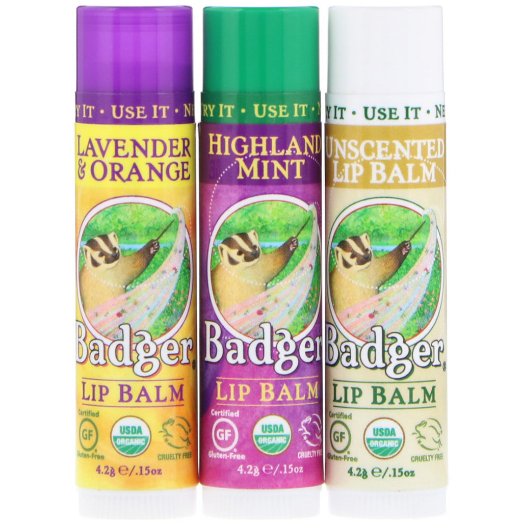 Badger Company Coffret cadeau de baume à lèvres, boîte verte, paquet de 3, 0,15 oz (4,2 g) chacun