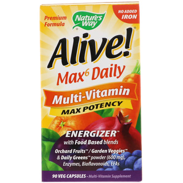 자연의 길, 살아있다! Max6 Daily, 종합 비타민, 철분 첨가 없음, 식물성 캡슐 90정