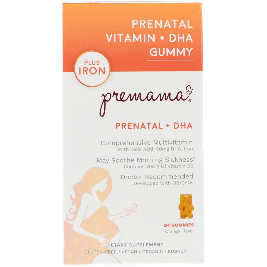 Premama, ויטמין טרום לידתי + דהא גומי, בתוספת ברזל, טעם תפוז, 84 גומי