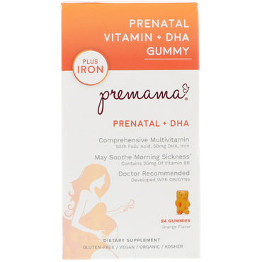 Premama, prænatal vitamin + dha gummi, plus jern, appelsinsmag, 84 gummier