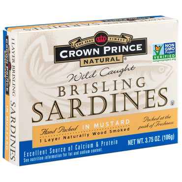 Crown Prince Natural, Brisling Sardines, In Mustard, 3.75 oz (106 g)