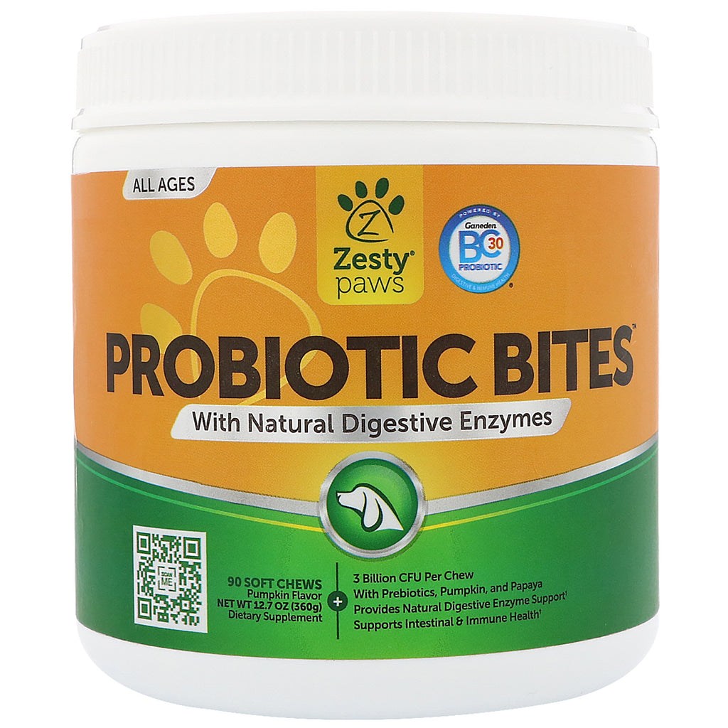 Zăbuțuri, mușcături de probiotice pentru câini, cu enzime digestive naturale, aromă de dovleac, 90 de mestecat moi