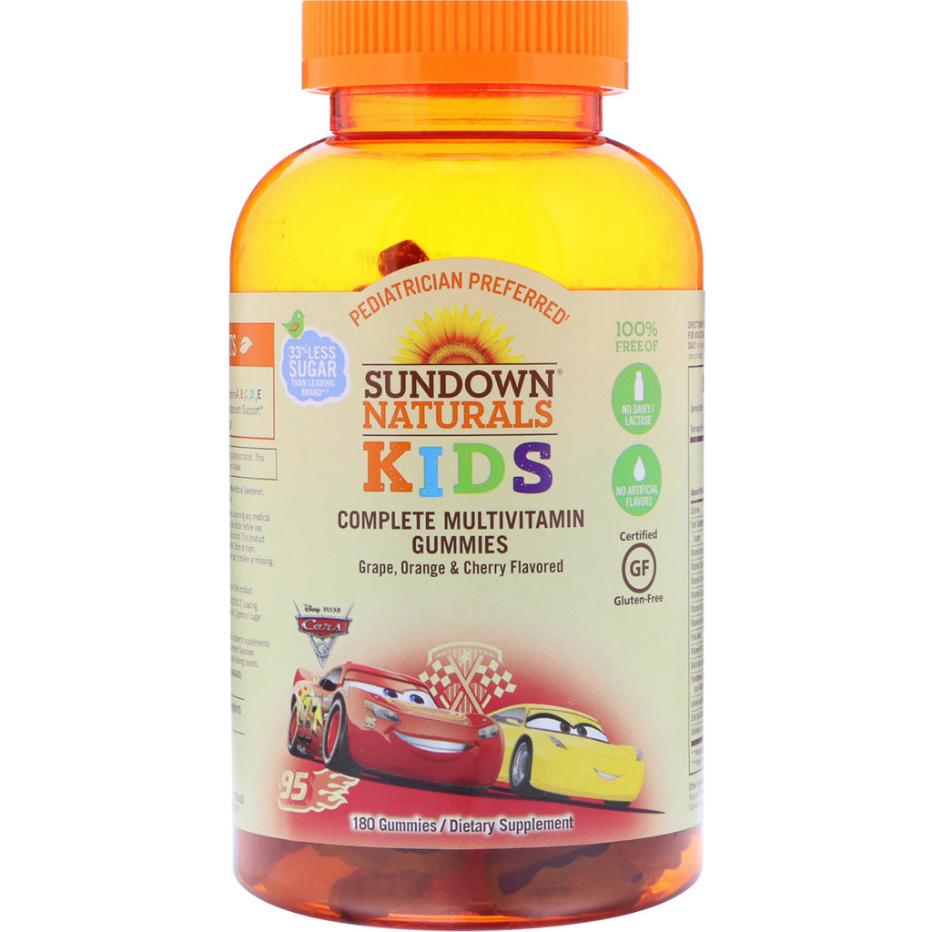 Sundown naturals børn, komplette multivitamingummier, disney cars 3, drue-, appelsin- og kirsebærsmag, 180 gummier