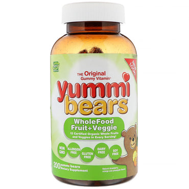 Hero Nutritional Products, Yummi Bears, 전체 식품 과일 + 채소, 천연 딸기, 오렌지 및 파인애플, Yummi Bears 200개