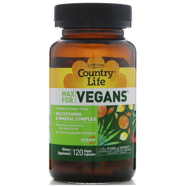 Country Life, Max para veganos, complejo multivitamínico y mineral, 120 cápsulas veganas