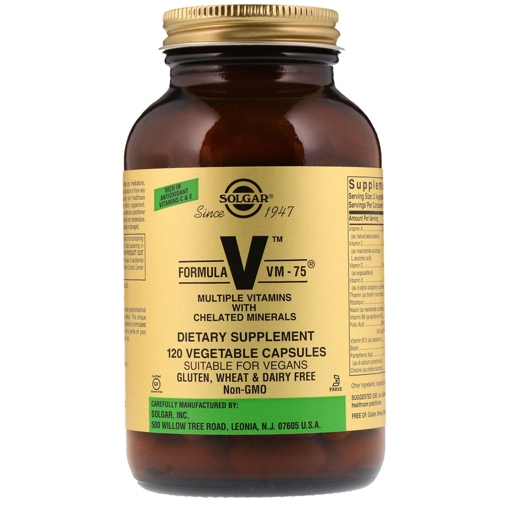 Solgar, Fórmula V, VM-75, Múltiples vitaminas con minerales quelados, 120 cápsulas vegetales