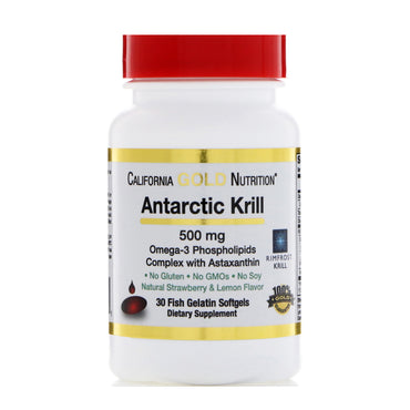 California Gold Nutrition, ulei de krill antarctic, cu astaxantina, RIMFROST, aromă naturală de căpșuni și lămâie, 500 mg, 30 de capsule moi de gelatină de pește