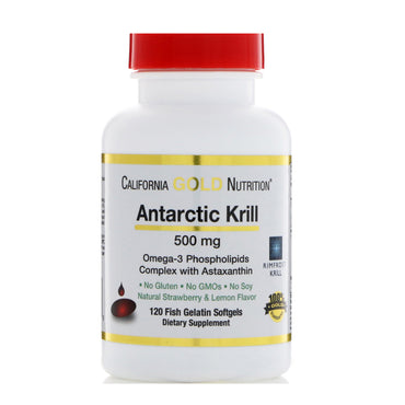 California Gold Nutrition, Óleo de Krill Antártico, com Astaxantina, RIMFROST, Sabor Natural de Morango e Limão, 500 mg, 120 Cápsulas Softgel de Gelatina de Peixe