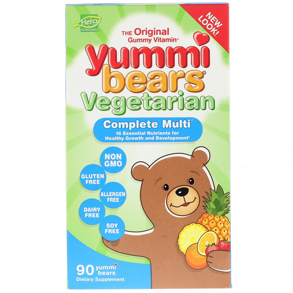 Hero ernæringsprodukter, yummi bjørne, komplet multi, vegetariske, naturlige frugtsmag, 90 gummibjørne