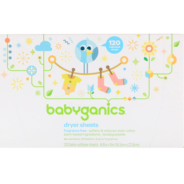 BabyGanics Dryer Sheets Fragrance Free 120 Fabric Softener Sheets