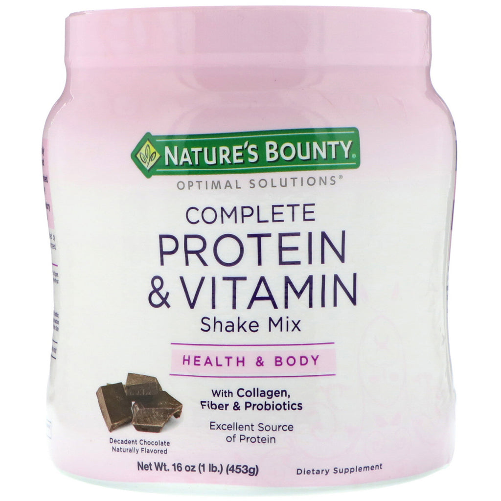 Nature's Bounty, Optimal Solutions, 완전 단백질 및 비타민 쉐이크 믹스, 데카덴트 초콜릿, 453g(16oz)