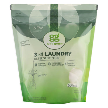 GrabGreen, 3-in-1 洗濯洗剤ポッド、ベチバー、60 回分、2ポンド、6オンス (1,080 g)